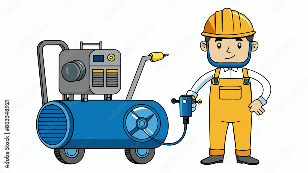 Poster A portable compressor is being used by a construction worker on a job site. It is small and compact with a black handle and wheels for easy. Cartoon Vector