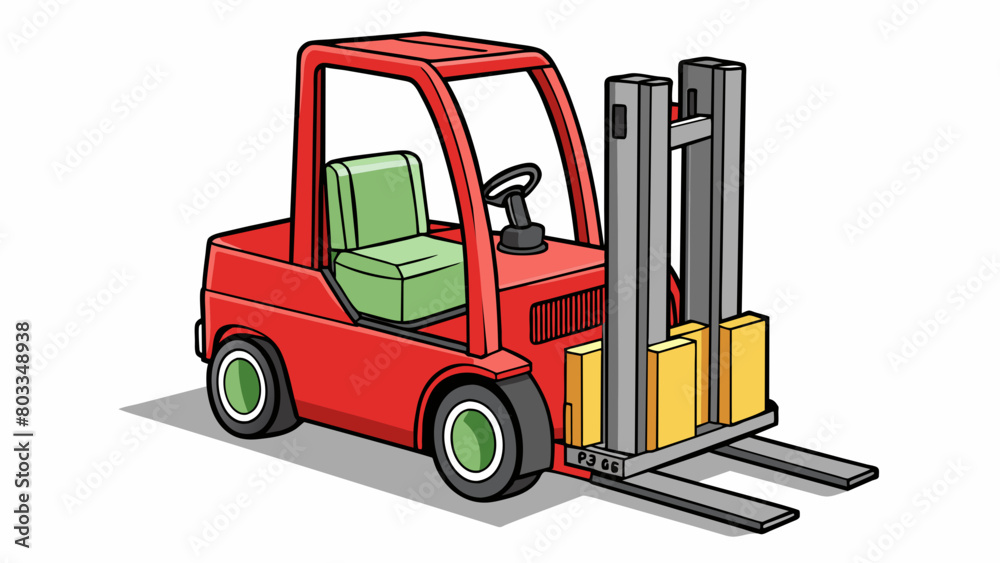 Poster a powerful electric forklift with a bright red body and a set of hydraulic arms that can extend and 