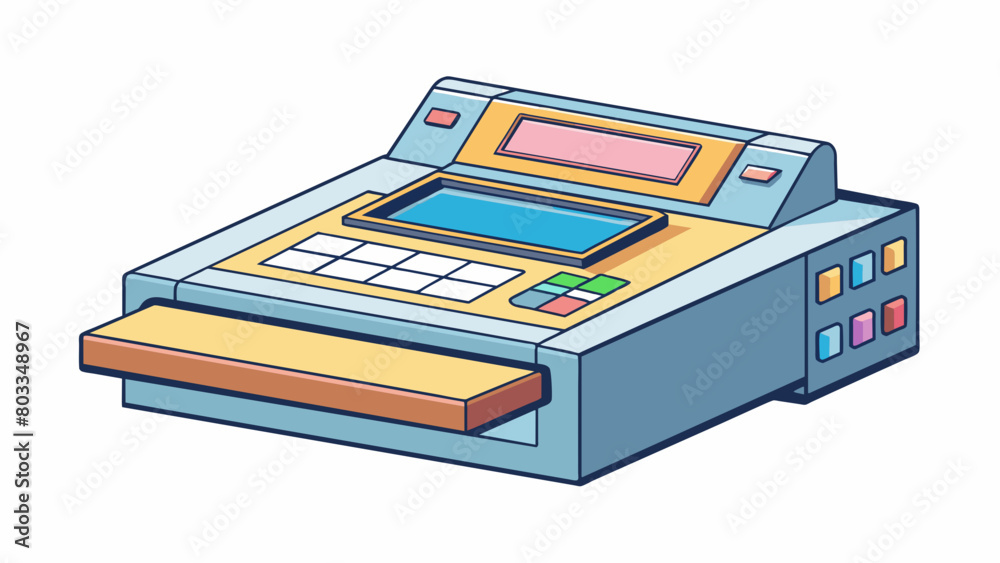 Aufkleber A printer unexpectedly stops working midprint requiring reactive maintenance to fix. The object is a rectangular box with buttons and screens. Cartoon Vector