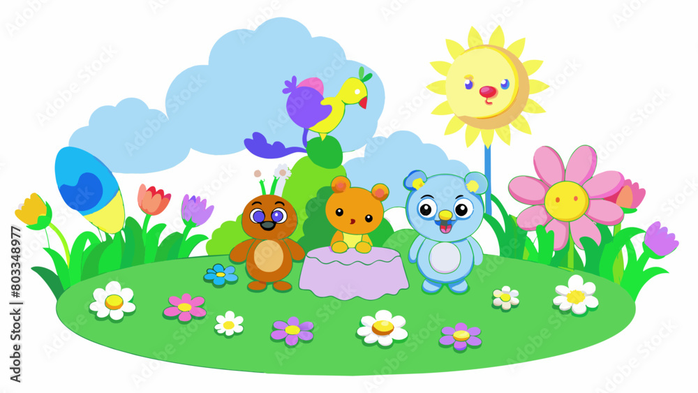 Poster April Spring has arrived and the world is bursting with new life. Fields of colorful flowers bloom and baby animals can be spotted in the meadows. The. Cartoon Vector