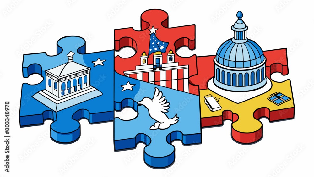 Poster A puzzle Politics can be complex and convoluted with many pieces that need to fit together to form a cohesive picture. Like a puzzle different. Cartoon Vector
