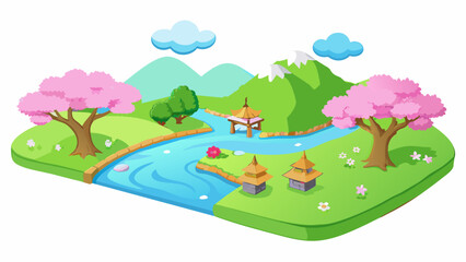 Naklejka premium A picturesque landscape of lush green hills and a peaceful river surrounded by blooming cherry blossom trees. The scene exudes a serene and abundant. Cartoon Vector