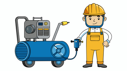 Fototapeta premium A portable compressor is being used by a construction worker on a job site. It is small and compact with a black handle and wheels for easy. Cartoon Vector
