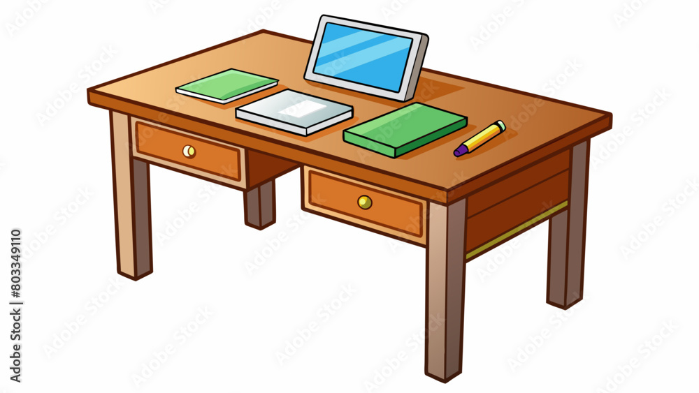 Poster A rectangular desk with four smooth wooden legs and a polished surface. On top there is a stack of papers a pencil holder and a computer monitor. The. Cartoon Vector