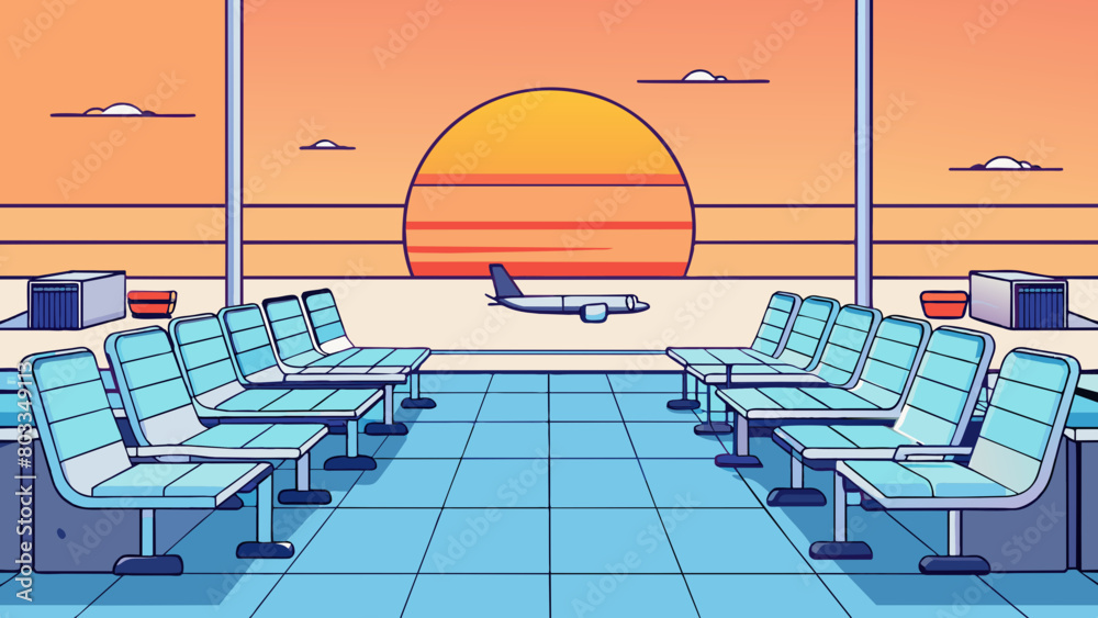 Poster A quiet waiting area lined with comfortable chairs and tables where exhausted passengers rest and recharge their devices before their next flight. Cartoon Vector