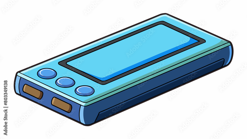 Poster A rectangular electronic device with a glossy black screen and a row of buttons on one side. It emits a soft blue light and produces sound when. Cartoon Vector