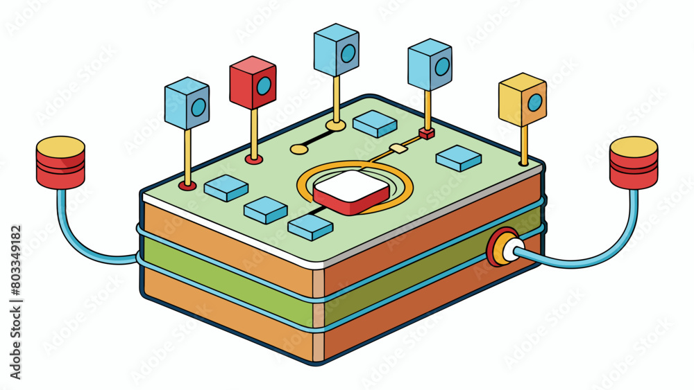 Poster A rectangular box with multiple ports and cables which connects various devices together and allows them to share data and resources through a wired. Cartoon Vector