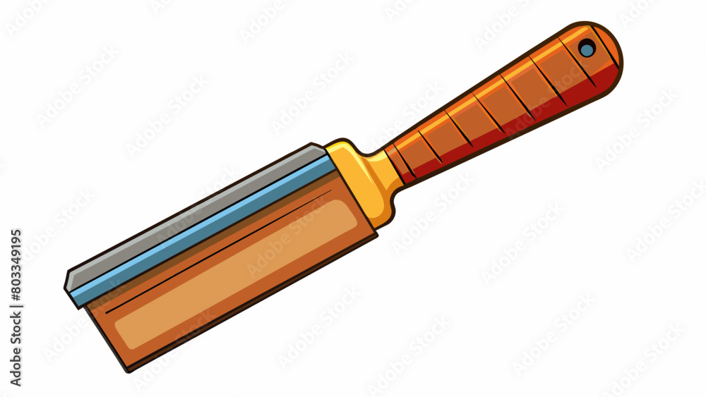 Aufkleber A rectangular tool with a sharp metal blade at one end and a plastic handle at the other which rotates automatically to shave off thin layers of wood. Cartoon Vector