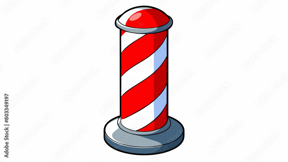 Poster a red and white striped pole outside a shop indicating it is a barber shop. the pole has a round sha