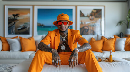 Rich rapper in orange outfit in his luxurious apartment