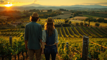 Young couple exploring beautiful vineyard at sunset
