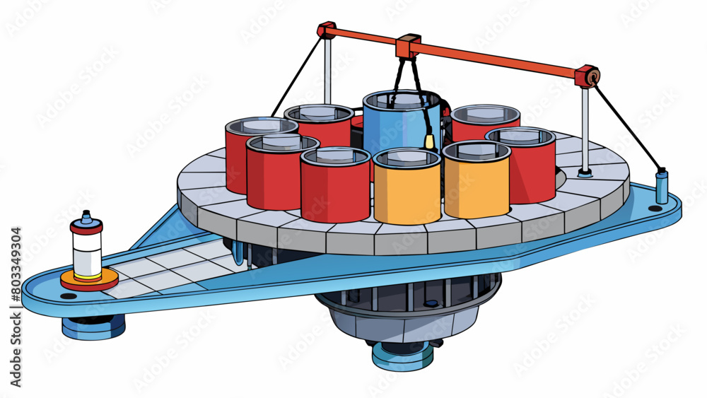 Aufkleber A rotating metal platform with a series of small cups attached to it moving in a circular motion and transporting containers filled with liquid from a. Cartoon Vector