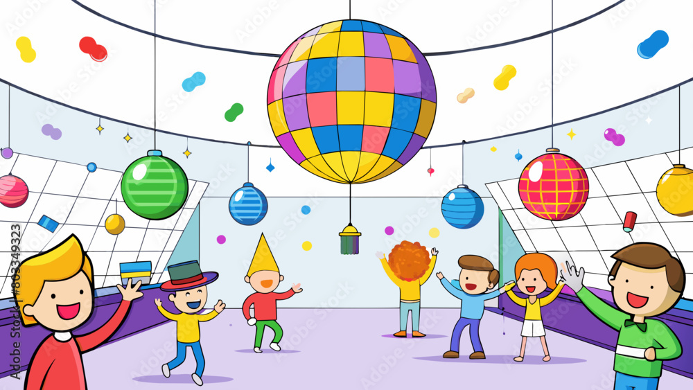 Poster a room filled with colorful balloons hanging banners and a disco ball with people dancing and laughi