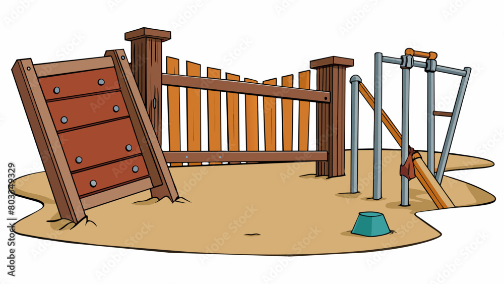 Poster A rusted squeaky metal gate attached to a wooden fence opening up to a deserted playground with swings slides and a sandpit.. Cartoon Vector