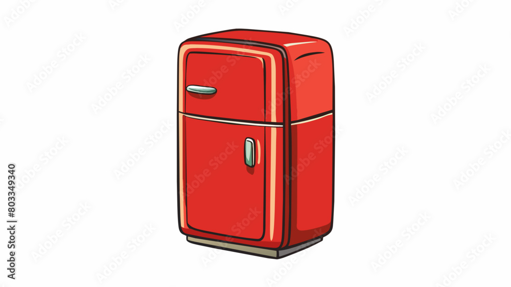 Poster A retrostyle refrigerator with a bright red exterior rounded corners and a topmounted handle for opening the door.. Cartoon Vector