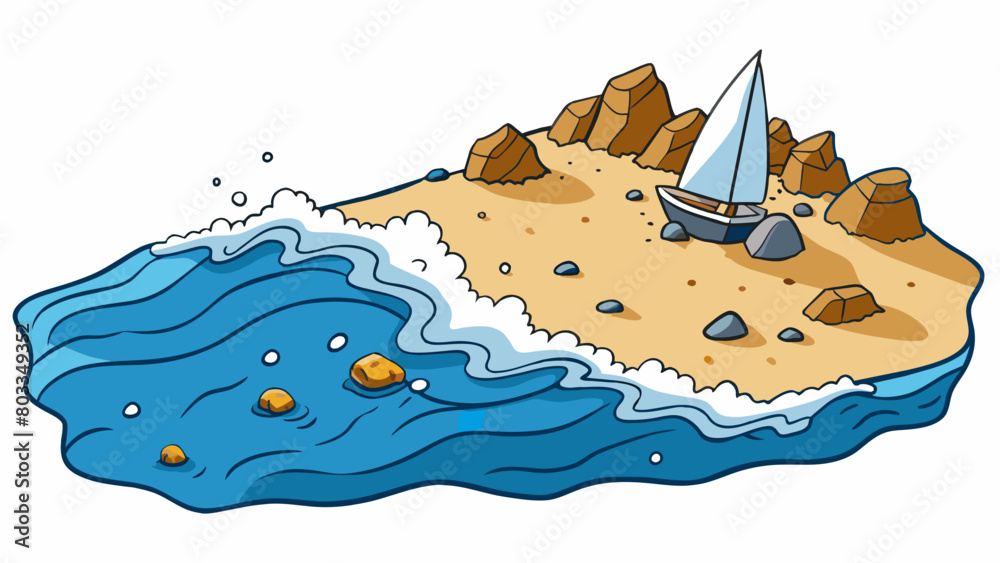 Poster a rocky beach with crashing waves and a wide expanse of deep blue sea. the sand is warm and speckled
