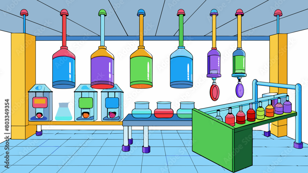 Poster a room filled with brightly colored plastic tubes and containers hanging from the ceiling. a machine