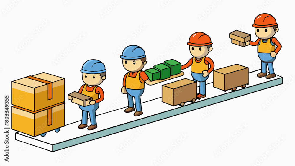 Poster A row of workers stationed at workstations each with a different task such as soldering welding or painting. The finished products move down the line. Cartoon Vector