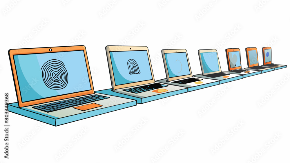 Poster A row of laptops all in different models and sizes with each one powered off and displayed on a shelf. Some have fingerprints and dust on their. Cartoon Vector