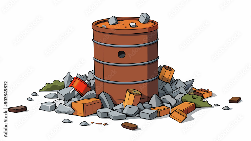 Poster a rusted old metal barrel filled with broken glass rusted cans and piles of cigarette butts. the ite