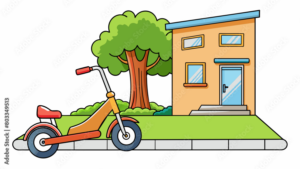 Poster A scd up bicycle with training wheels propped up against a tree in a suburban driveway.. Cartoon Vector