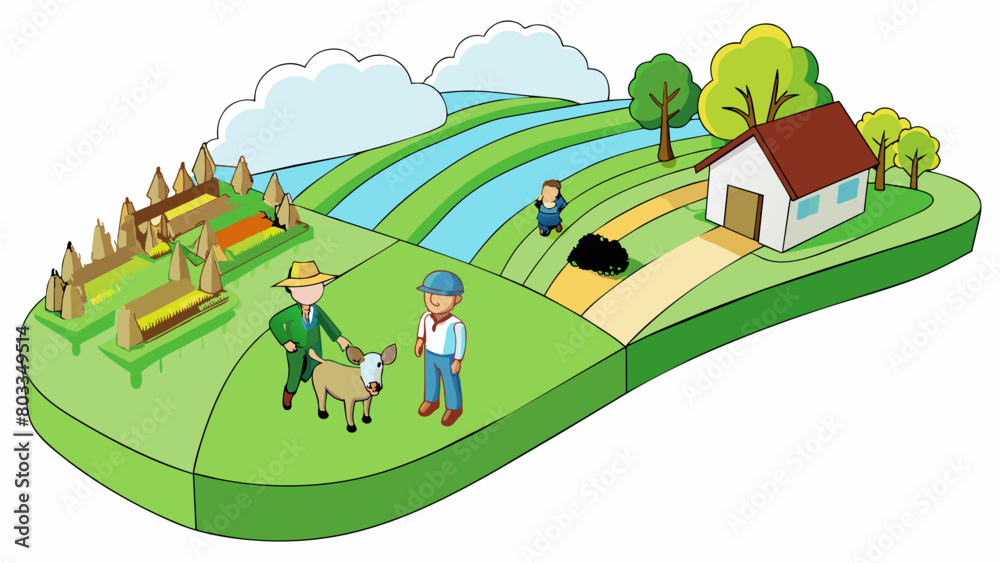 Poster a serene agricultural sector with vast fields of green crops swaying in the gentle breeze. farmers a