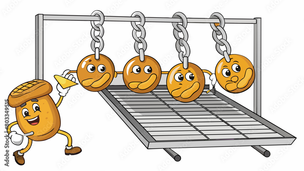 Poster A series of interlinked chains with metal hooks moving in a synchronized motion transporting freshly baked loaves of bread from an oven to a cooling. Cartoon Vector