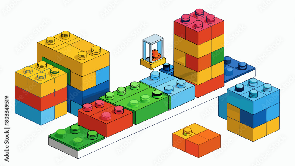 Poster A set of colorful plastic building blocks being manufactured through injection molding. The blocks uniform size and shape are achieved through the use. Cartoon Vector