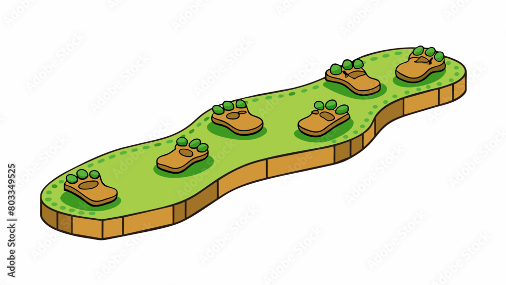 Poster A set of footprints imprinted on a hiking trail showing the way to follow for a specific route or adventure. The footprints are evenly spaced and. Cartoon Vector
