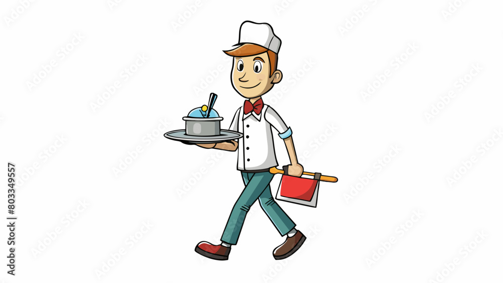 Poster A server at a restaurant walking between tables while carrying a tray of food with plates and lery. The tray is made of lightweight but sy metal while. Cartoon Vector