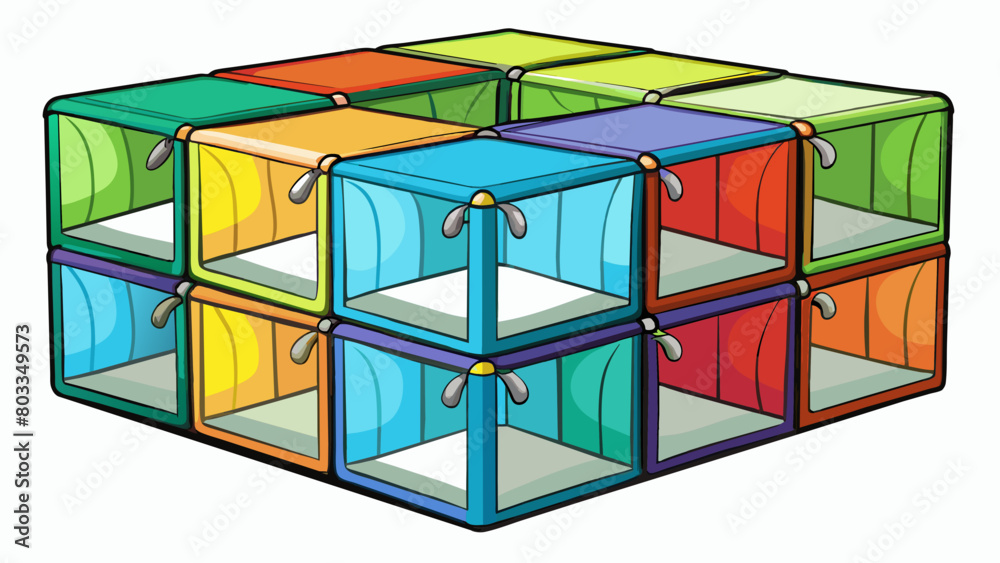Poster A set of colorful collapsible fabric storage cubes each with a clear plastic window and zipper closure. The cubes can be stacked or arranged side by. Cartoon Vector