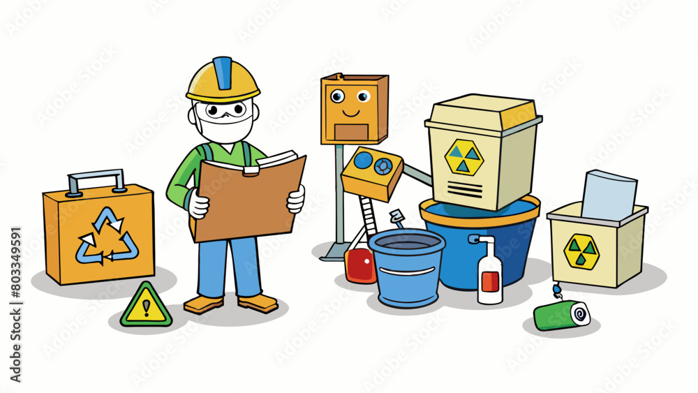 Poster A set of instructions with illustrations showing how to properly handle and dispose of hazardous waste materials emphasizing the importance of. Cartoon Vector