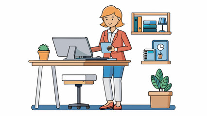 A secretary is a person sitting at a standing desk typing on a laptop and checking files on a tablet. The desk has adjustable shelves for different. Cartoon Vector