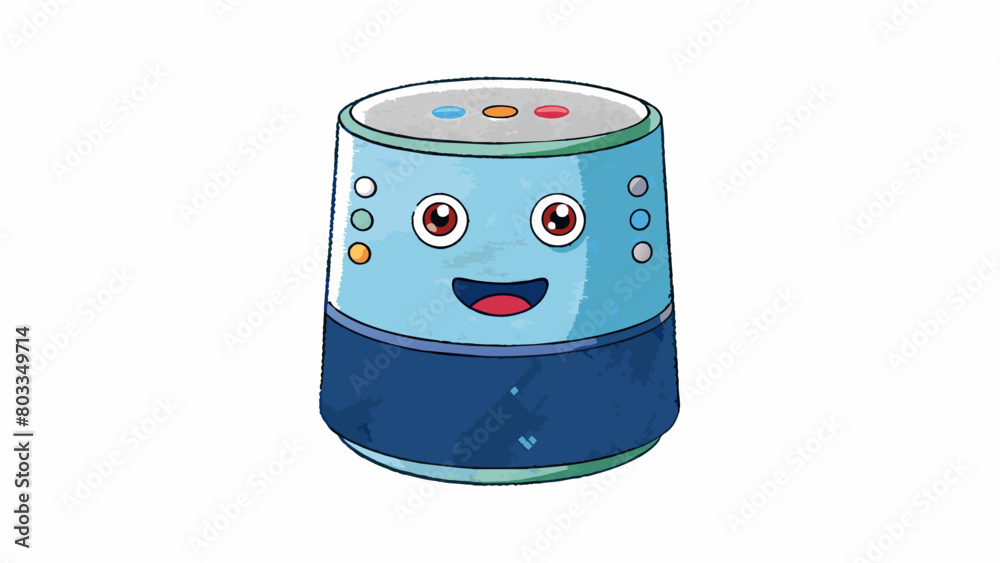 Poster A simple smart speaker assistant shaped like a cylinder with a fabric covering and a few buttons on the top. It can provide weather updates set alarms. Cartoon Vector