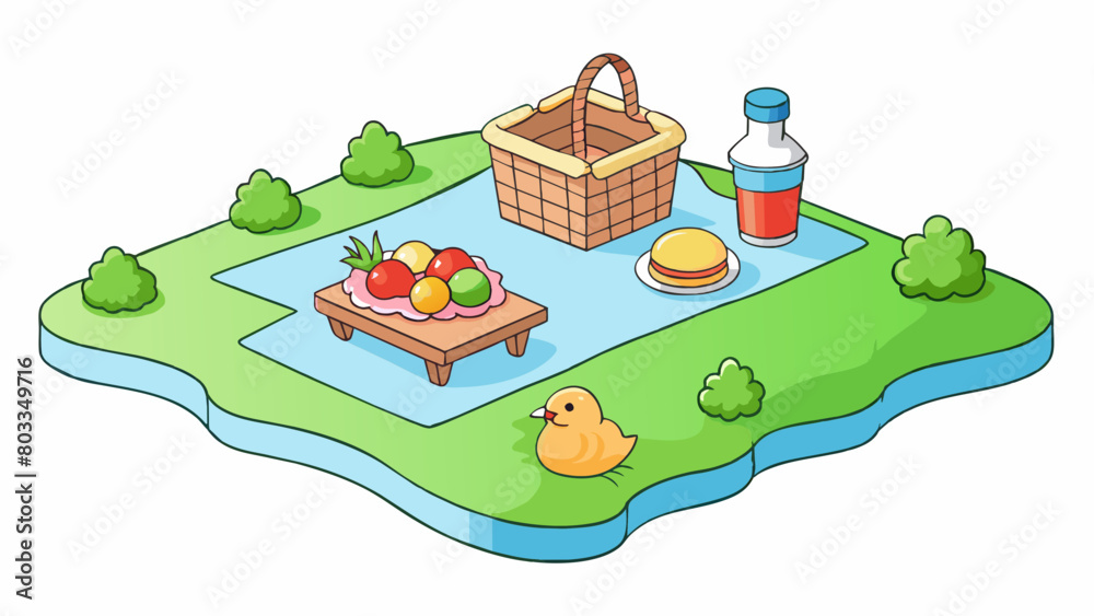 Poster a simple picnic in the park with a checkered blanket spread out on the grass. a wicker basket filled