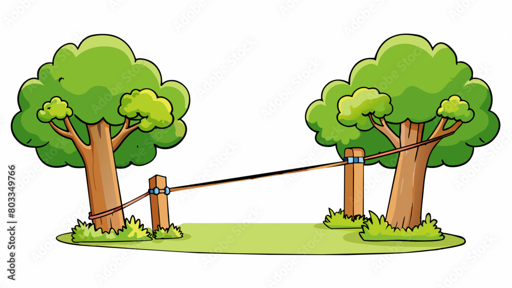 Poster a slackline strung between two trees exhibits tension through its tautness. the tightly stretched ma