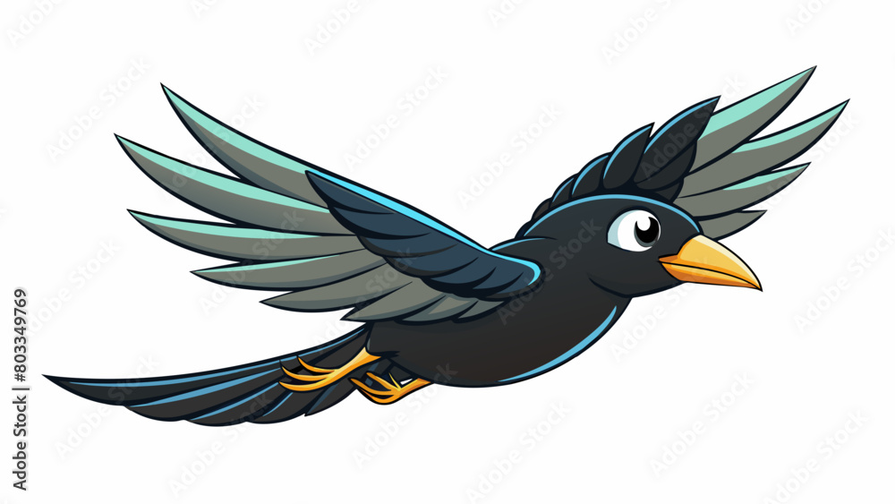 Poster A sleek black bird with a sharp curved beak soaring through the sky its wingspan spanning wide as it glides effortlessly with the wind.. Cartoon Vector
