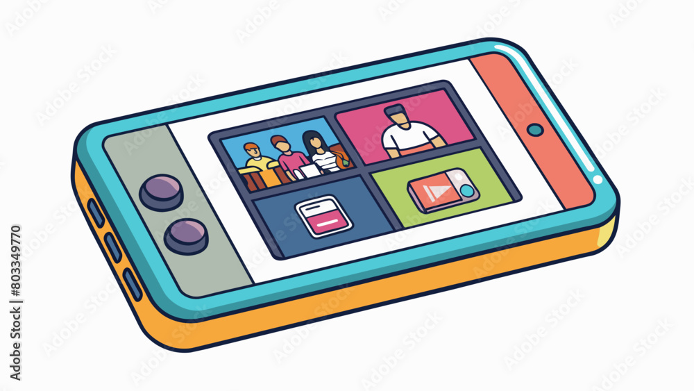 Poster A sleek and lightweight rectangular device with a touchsensitive screen which stores and plays music videos and photos.. Cartoon Vector