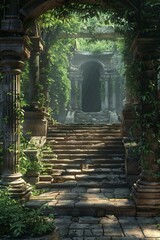 Overgrown temple ruins in jungle