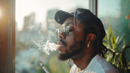 Young rapper smoking marijuana - obrazy, fototapety, plakaty