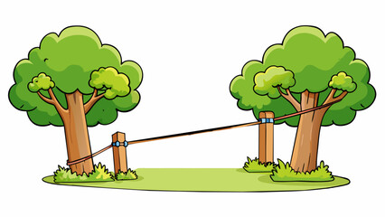 A slackline strung between two trees exhibits tension through its tautness. The tightly stretched material allows those who walk on it to feel the. Cartoon Vector