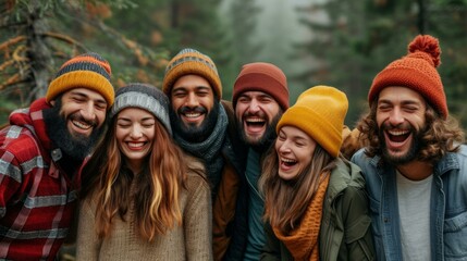 Fototapeta premium Group of diverse friends laughing together in the woods