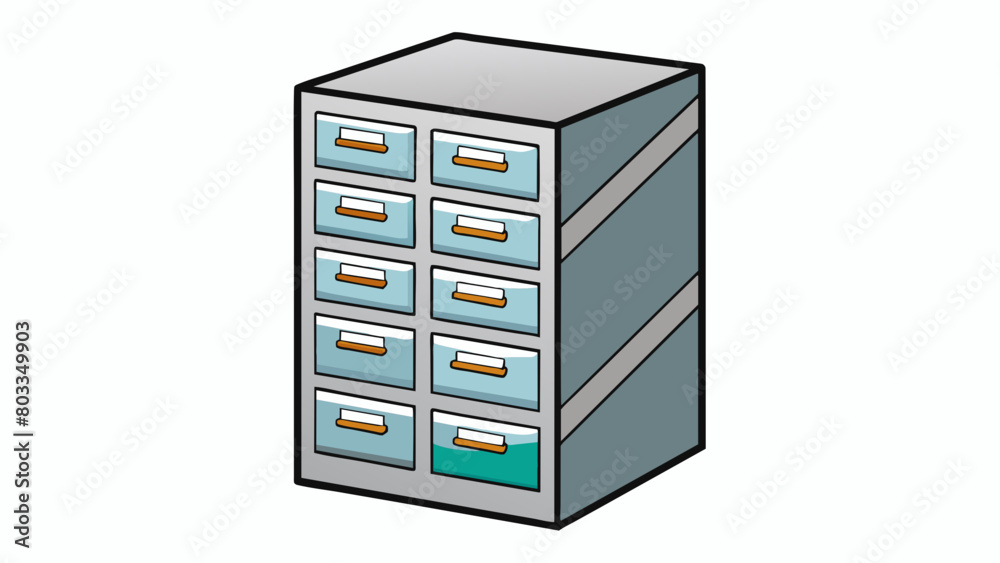 Aufkleber A small metal filing cabinet with multiple drawers each labeled with different categories. Its sleek silver design makes it a perfect addition to a. Cartoon Vector