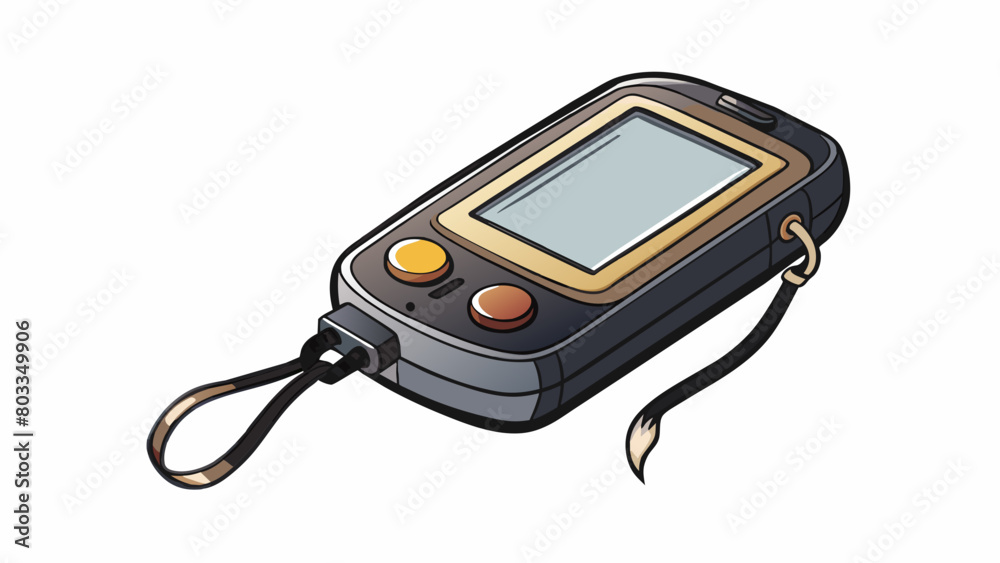 Fototapete A small handheld device with multiple buttons and a small screen. It is made of a shiny black material and has a s attached to one side.. Cartoon Vector