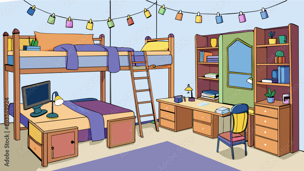 Poster A small dorm room with bunk beds and matching desks pushed against the wall. The room is cluttered with textbooks and notes and string lights are. Cartoon Vector