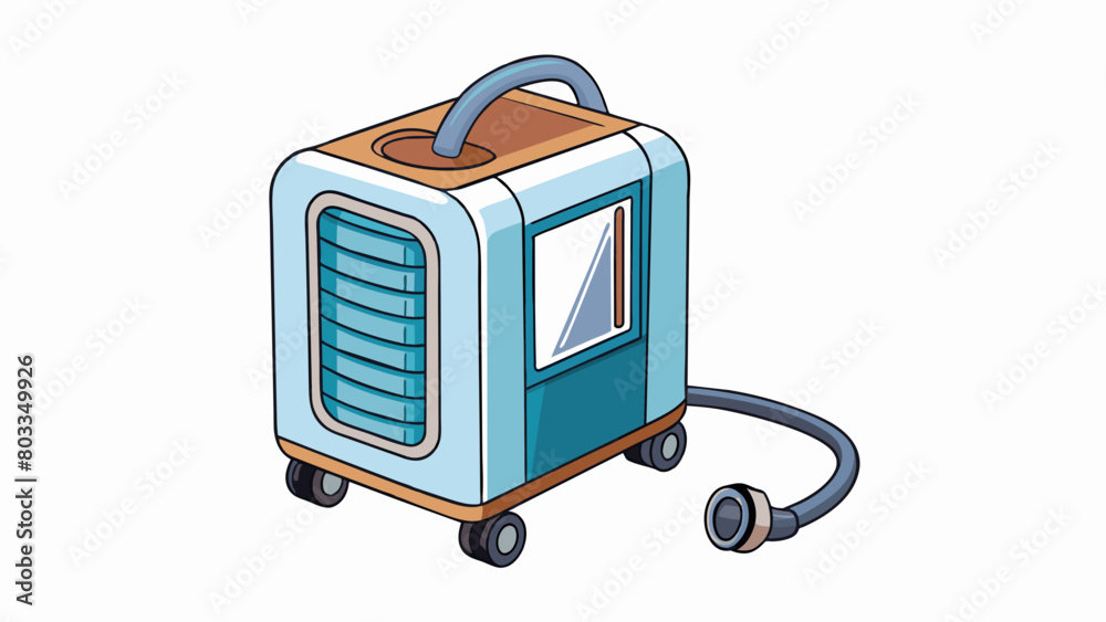 Poster a small portable device that resembles a mini fridge but with a long hose protruding from one side. 