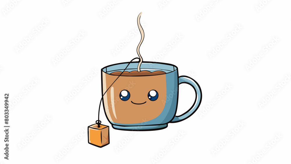Poster a small round tea bag with a string attached is steeping in a mug of hot water. as the water turns a