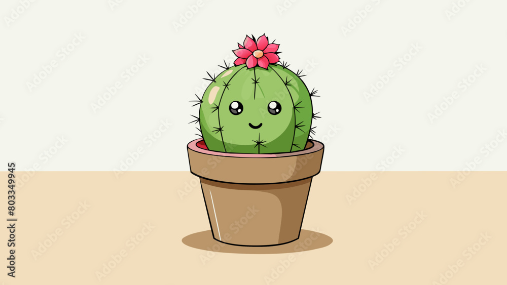 Poster a small potted cactus sitting on a shelf in a dry desert environment. its thick spiky arms are cover