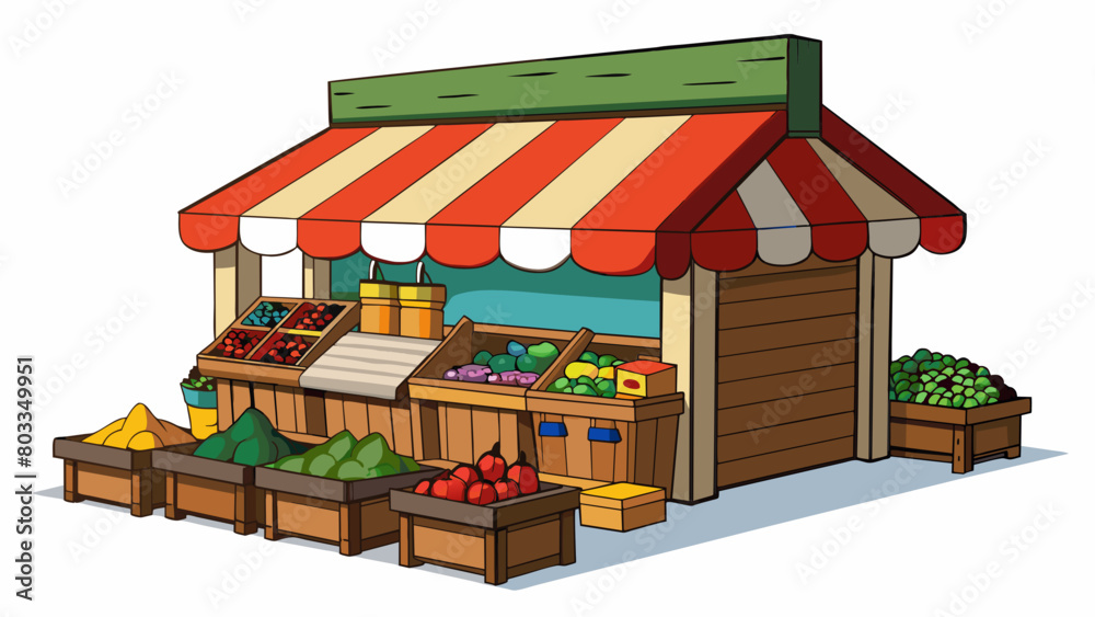 Poster a small neighborhood market with a quaint rustic exterior. inside there are wooden crates stacked hi
