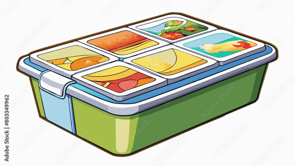 Aufkleber A small rectangular container filled with thin flexible sheets coated in colorful ink. Each sheet has printed images and text that can be turned or. Cartoon Vector